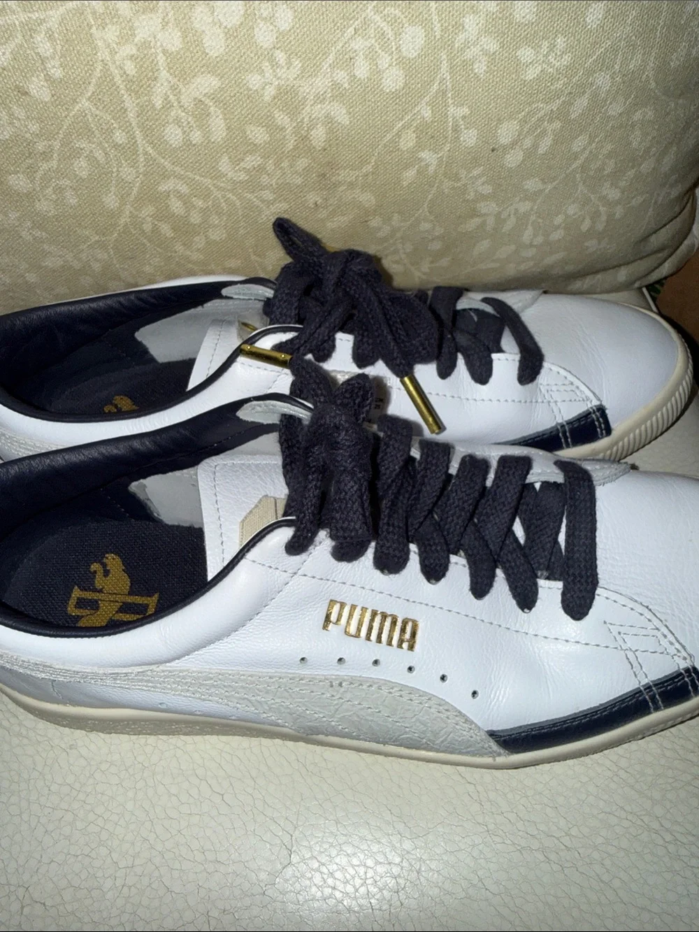 Puma White Leather Sneakers with Navy Laces and Gold Accents